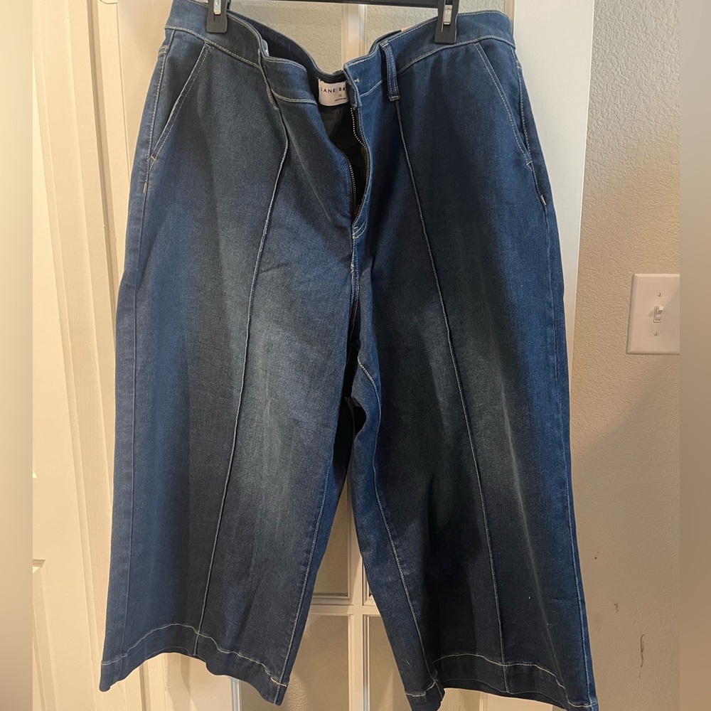 Plus Size Wide Leg Dark Blue Denim Culotte Pants